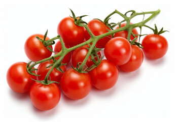 A vine of red ripe cherry tomatoes is displayed on a white background. The tomatoes are arranged in a cluster, showcasing their vibrant color and plumpness