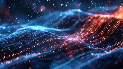 An abstract image of flowing data streams and digital particles, symbolizing data transfer and AI-driven technology