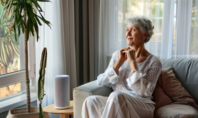 Senior lonely woman talk to voice assistant at home happily. Old woman using smart gadgets at home, talking to smart speaker and listening to the music. Smart AI speaker concept.