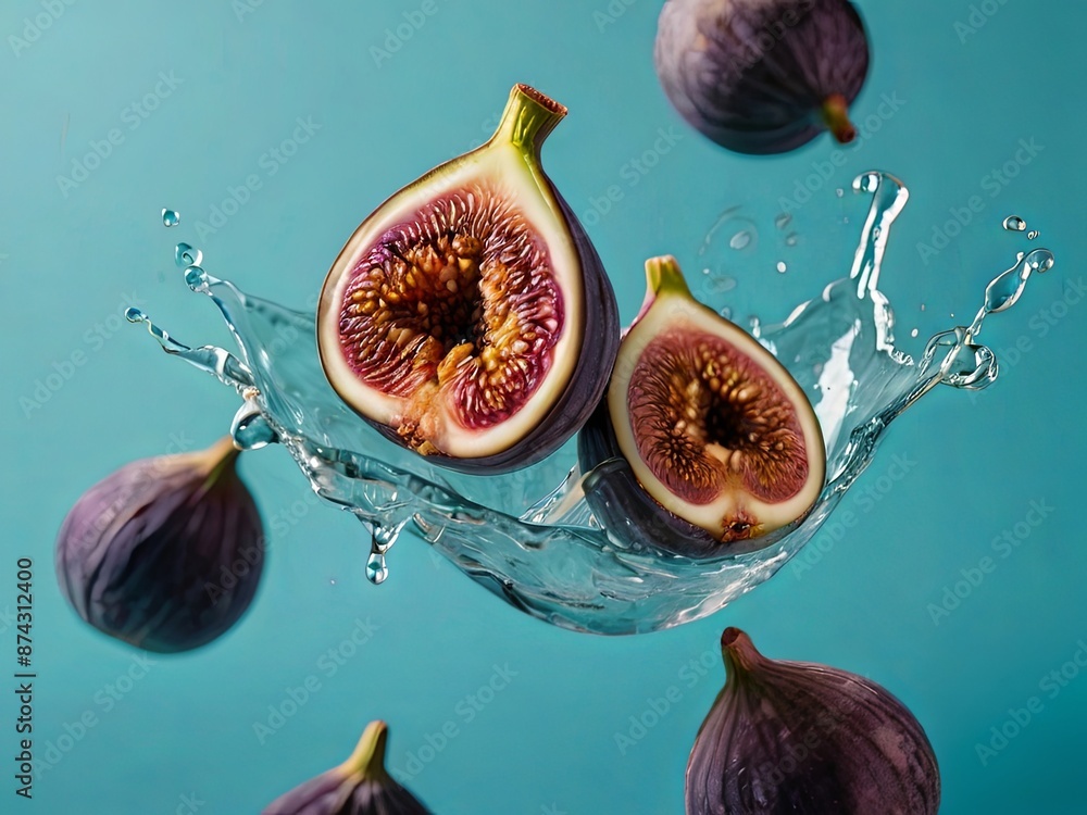 Poster figs splash into a pool of water, creating a dynamic display of fruit and liquid