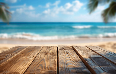 Fototapeta premium Empty Wooden Table Top for Summer Product Display with Blurred Beach Background