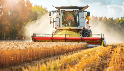 Fototapeta premium A combine harvester is harvesting wheat from a field as part of the agricultural process