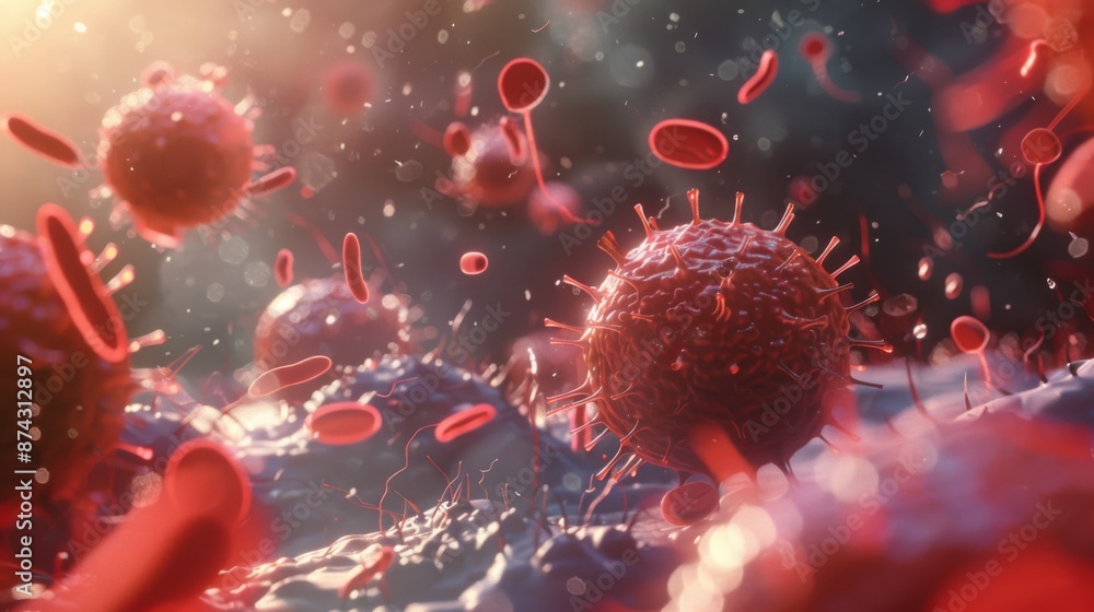 Poster a close-up digital illustration of red blood cells and viruses floating in a bodily fluid.