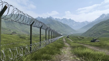 Fototapeta premium Razor Wire and Mountains: A Borderline Landscape