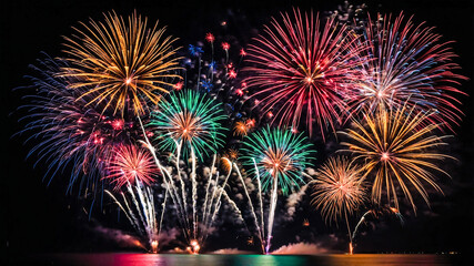 Vibrant fireworks light up the night sky over water, displaying an array of colors and patterns.