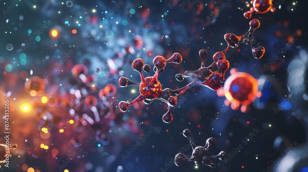 Poster a close-up of a red and black virus-like structure floating in space with a bright light source in t