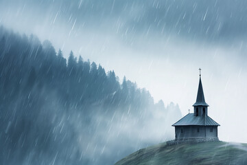 Small wooden church on top of the mountain in heavy rain.