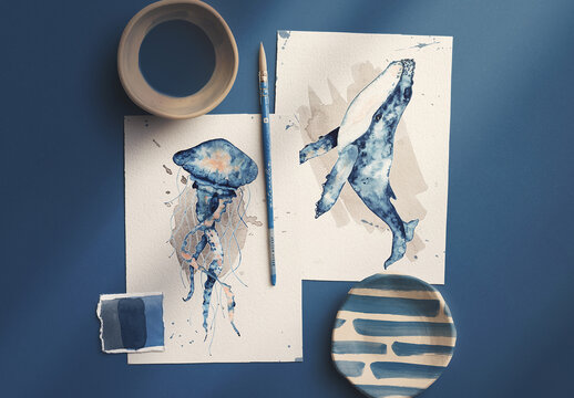 Two A5 Watercolor Paper Mockup with Brush