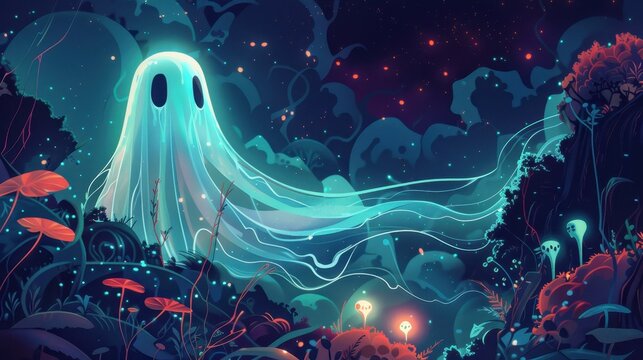 Enchanting illustration of a glowing ghost floating in an ethereal, magical forest with vibrant, colorful flora and mysterious lights.
