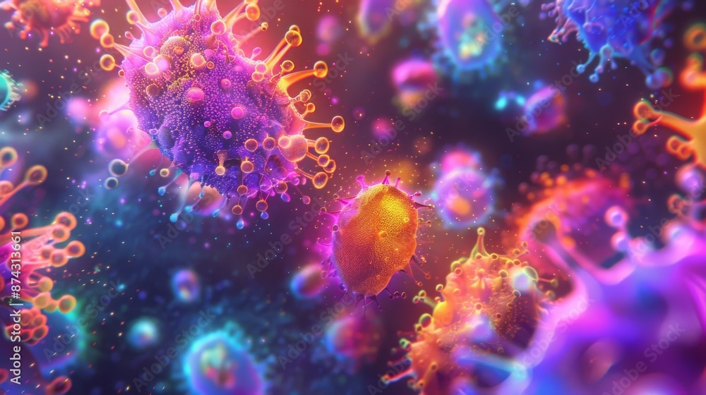 Poster a digital illustration showing various colorful virus particles floating in a dark, glowing backgrou