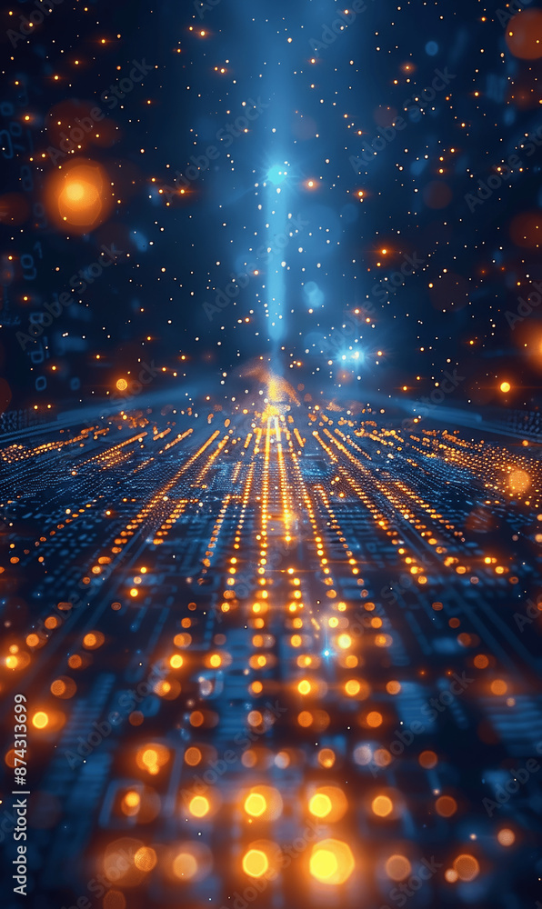 Poster glowing upward arrow with blue and yellow light trails on abstract digital matrix network background