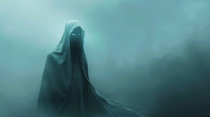 Ethereal hooded figure in dark, foggy landscape, creating a haunting and eerie atmosphere. Perfect for fantasy or horror themes.