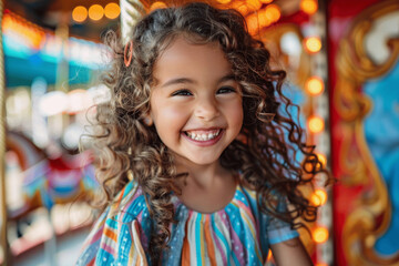 Fototapeta premium Joyful Curly-Haired Girl Laughing on Colorful Carousel at Amusement Park in Vibrant Setting