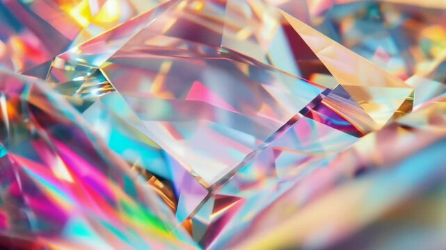 This image showcases a close-up view of a prismatic crystal with light refractions creating a vibrant, colorful display. The scene is abstract, filled with shimmering facets reflecting a spectrum of