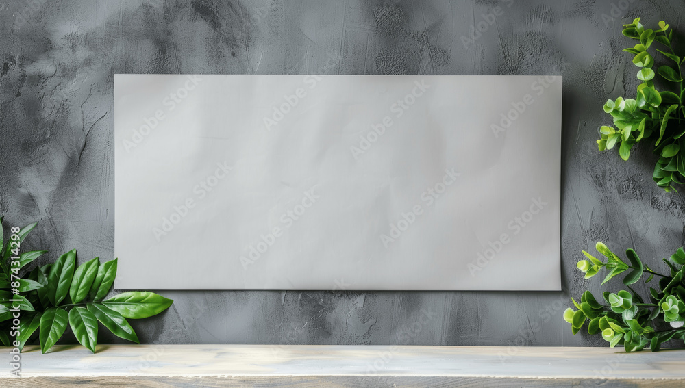 Poster blank white banner with long empty table on grey background for product display mockup