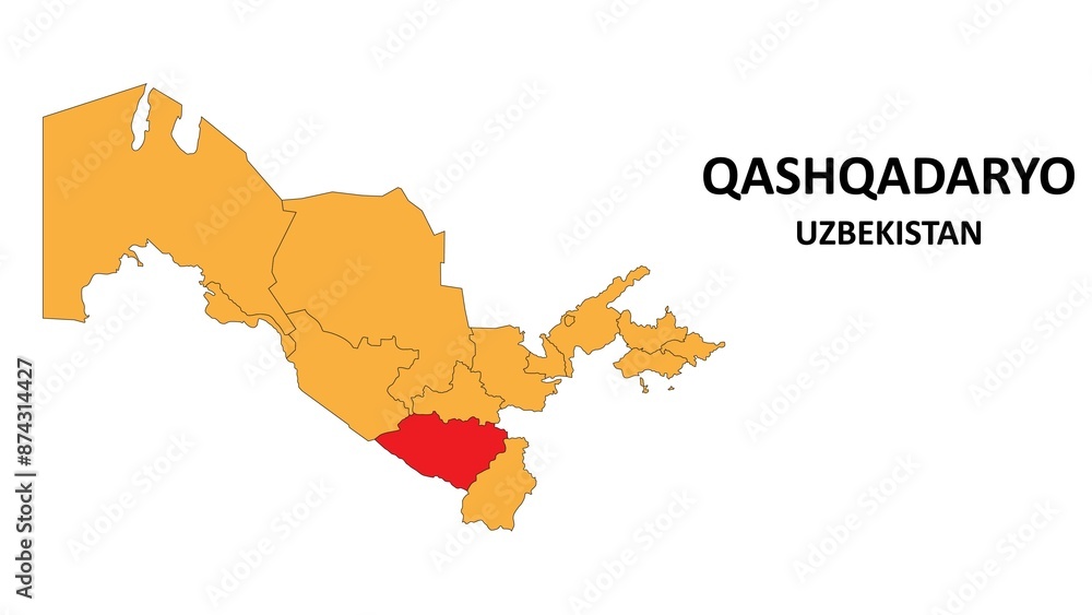 Sticker qashqadaryo map is highlighted on the uzbekistan map with detailed state and region outlines.