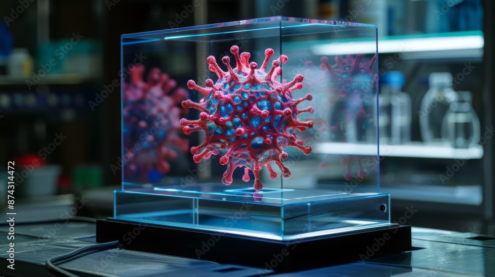 Aufkleber a 3d model of the coronavirus is displayed in a glass case in a laboratory setting.