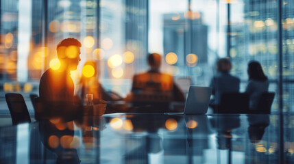 Blurred Business Team Meeting in Modern Office Conference Room with Glass Wall Background