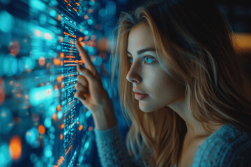 Businesswomen Discussing Strategic Growth Plans with Holographic Data Projections in Futuristic Digital Office