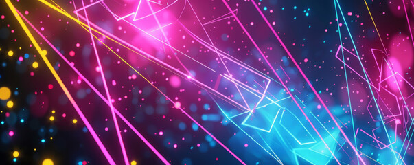 Fototapeta premium A neon background with abstract, geometric patterns in neon pink, blue, and yellow, creating a vibrant and dynamic visual.