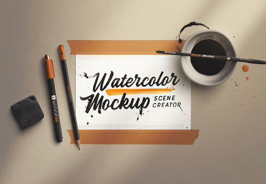 Watercolor Workspace Scene Creator Mockup