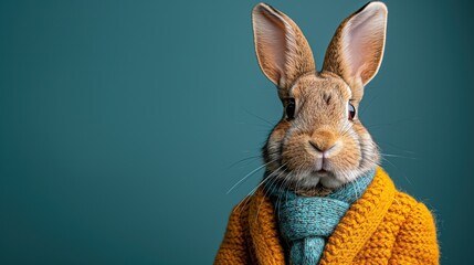 A Curious Bunny Cloaked in a Cozy Yellow Knit Sweater and Teal Scarf, Set Against a Tranquil Teal Background