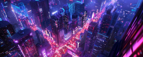 A neon cityscape with glowing streets, buildings, and vehicles, creating a bustling and dynamic urban atmosphere.