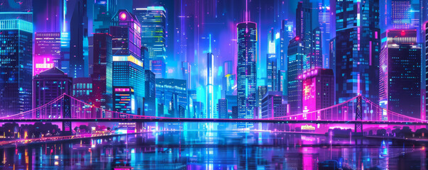 A neon cityscape with glowing bridges, skyscrapers, and streets, creating a colorful and vibrant urban scene.