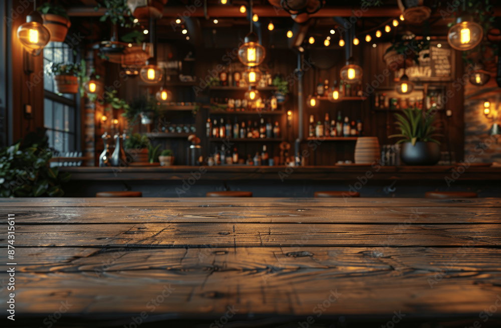 Poster empty wooden table top for product display in blurred bar or pub with retro bokeh lights interior de