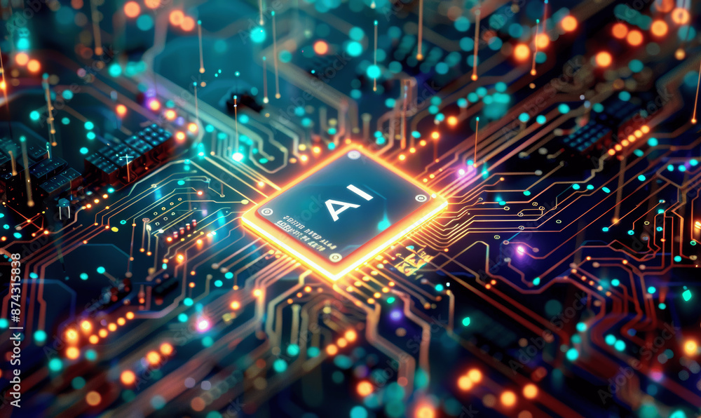 Poster ai microchip background with glowing circuit and futuristic technology