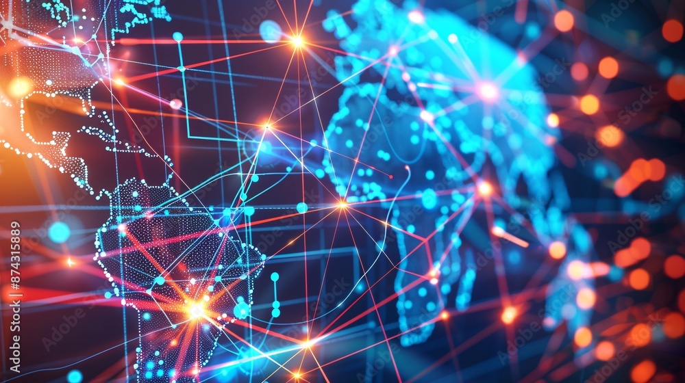 Poster a futuristic digital representation of a global network, with bright lines and nodes depicting data 