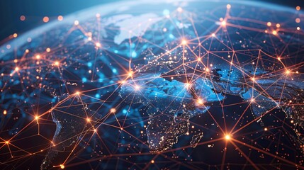 A high-tech digital map visualizing global connectivity and data flow, with intricate web-like connections and bright points of light. The image emphasizes the seamless integration of information