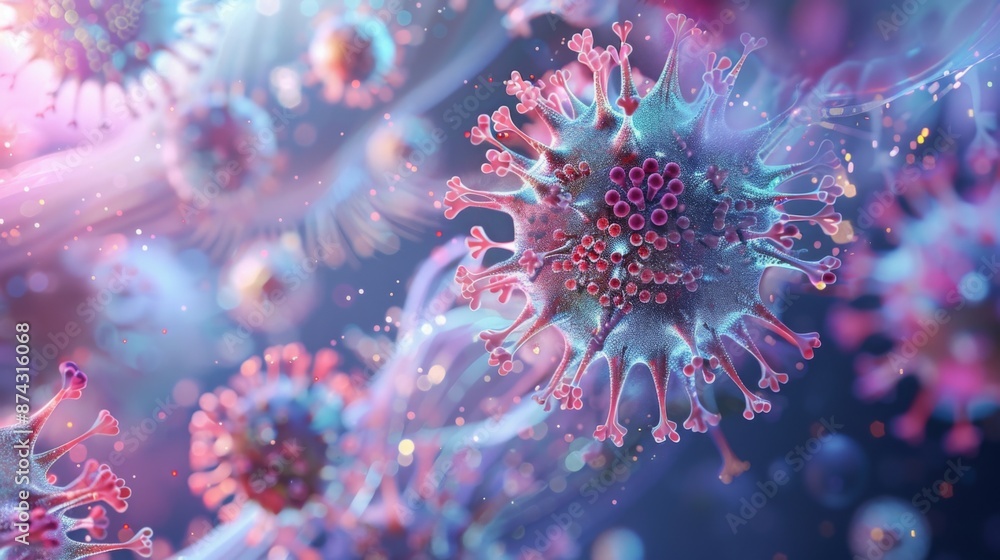 Leinwandbilder a detailed image of a virus particle with a spiky, blue and pink surface. other particles are out of