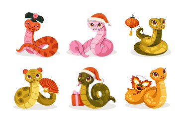 Set of cute snakes. Adorable kawaii reptile with Santa hat and traditional Chinese accessories. Chinese 2025 New Year symbol. Cartoon vector illustration collection isolated on white background