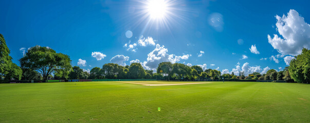 Obraz premium A panoramic view of a cricket field under the bright sun, showcasing lush outfields, a well-prepared pitch, and a clear blue sky dotted with a few white clouds.