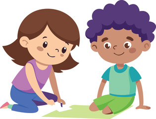 Cute illustration of children drawing together and having fun