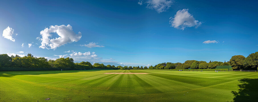 A panoramic view of a cricket field on a sunny day, featuring a lush green outfield, perfectly cut pitch, and clear blue skies with a few fluffy white clouds.