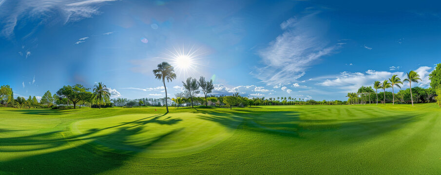 A panoramic view of a golf course under the bright sun, showcasing lush fairways, well-maintained greens, and a clear blue sky dotted with a few white clouds.