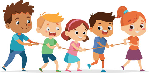 Fototapeta premium Group of happy kids playing tug of war game in outdoor activity