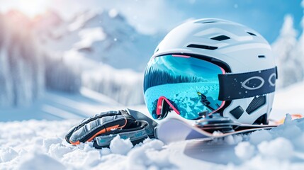 Display of winter sports gear featuring colorful ski goggles, gloves, and helmets, arranged on fresh powdery snow with ski slopes in the background