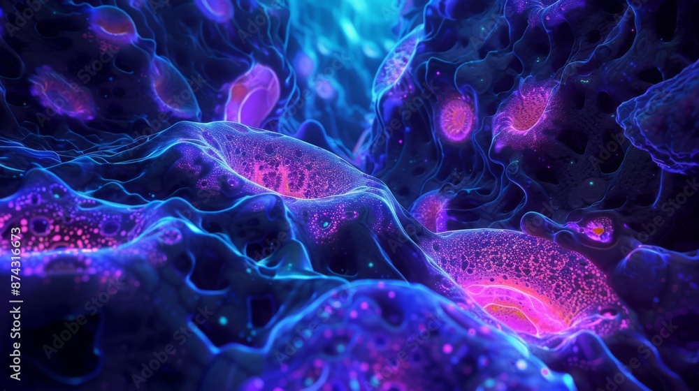 Aufkleber a close-up view of a cell's internal structure, with blue and pink hues. the image is highly detaile