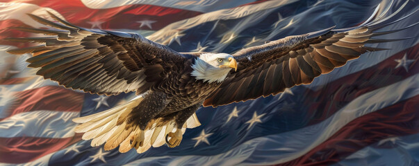 A powerful image of an eagle with its wings outstretched, the wavy American flag creating a dramatic backdrop.