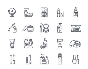 Cosmetic Products Line Icon Set. Signs with lipstick, SPF cream, mascara, nail polish and serum. Editable stroke. Beauty and makeup. Outline vector illustration collection isolated on white background