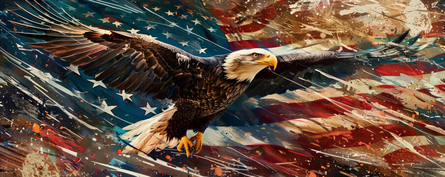A powerful image of an eagle with its wings outstretched, the wavy American flag creating a dramatic backdrop.