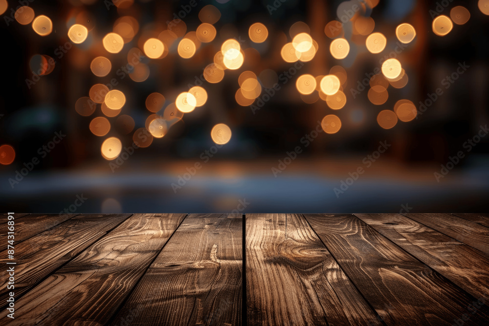 Aufkleber dark wooden table with blurred bokeh lights background for product display or presentation