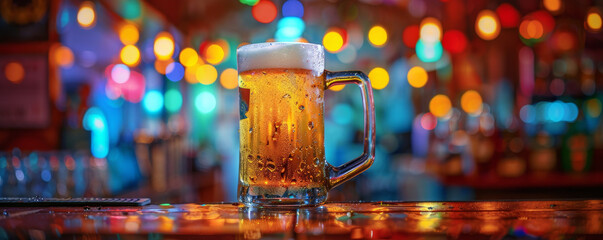 A refreshing beer mug with condensation, placed on a bar counter, with colorful lights and a lively pub atmosphere in the background.