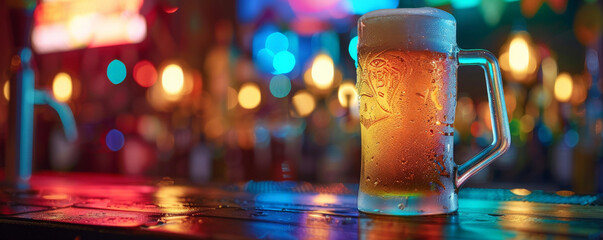 A refreshing beer mug with condensation, placed on a bar counter, with colorful lights and a lively pub atmosphere in the background.