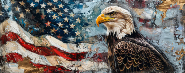 A regal eagle standing tall with a wavy American flag fluttering in the background, the stars and stripes vividly contrasted against the eagle's feathers.