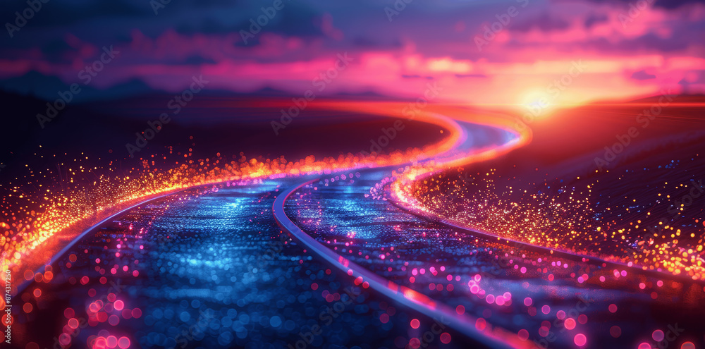 Poster dynamic digital light trails in blue and orange symbolizing high-tech data communication and connect
