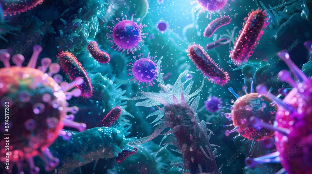 Poster a close-up view of various viruses and bacteria in a blue and purple landscape.